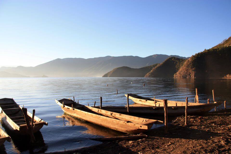 Boats on Lugu Lake in Yunnan, China