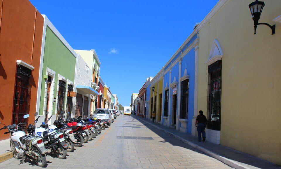 Motorbikes parked on a street in Campeche