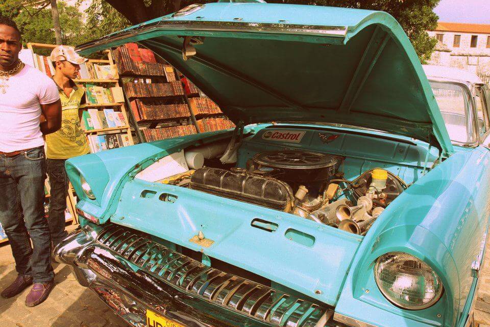 Classic car engine in Plaza de Armas, Havana, Cuba