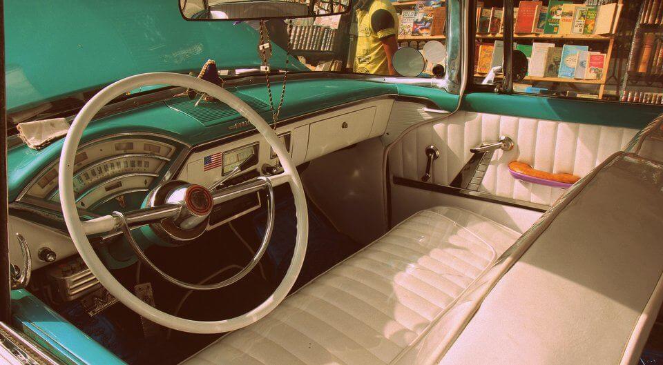 Classic car interior in Plaza de Armas, Havana, Cuba