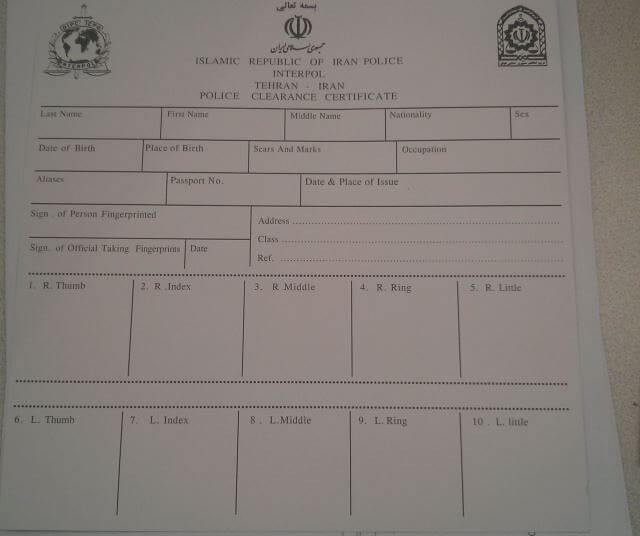 The front of the Iranian Interpol fingerprint form